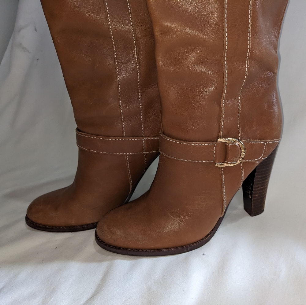 Lauren Ralph Lauren Heeled Tan Leather Boots with Buckle Size 7 - Picture 3 of 11